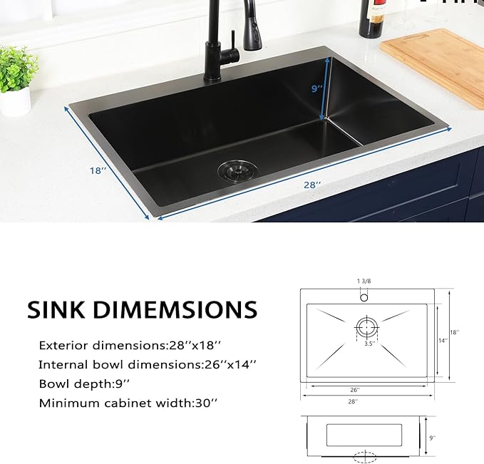 Friho 28x18 Inch Black Drop In Kitchen Sink, Stainless Steel Square RV Laundry Utility Sink, 28 Inch Topmount Deep Single Bowl Kitchen Sink With Basket Strainer