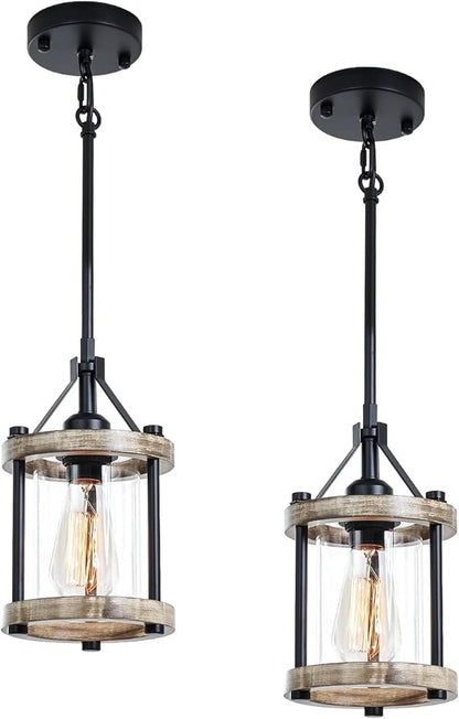 Farmhouse Pendant Light, Rustic White Wood Metal Cage Hanging Light Fixtures with Glass, 43 Inch Adjustable for Flat and Slop Ceiling, Pendant Lighting for Kitchen Island Foyer Hallway, 2 Pack