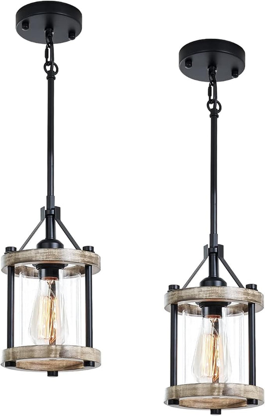 Farmhouse Pendant Light, Rustic White Wood Metal Cage Hanging Light Fixtures with Glass, 43 Inch Adjustable for Flat and Slop Ceiling, Pendant Lighting for Kitchen Island Foyer Hallway, 2 Pack