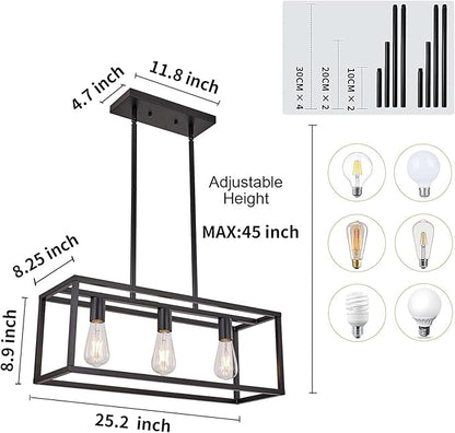 Farmhouse Rectangle Chandeliers for Dining Rooms, Modern Linear Hanging Light Fixture Matte Black 3-Light Industrial Pendant Lighting for Kitchen Island