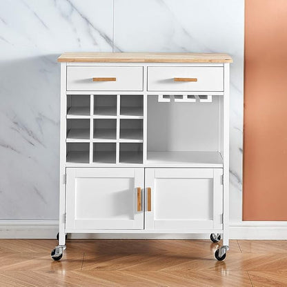 Menaka 2 Doors Kitchen Island Carts 30 Inches with Drawers and Wine Rack Storage Sideboard Buffet Trolley Side Table with Wheels, White Dining Room Cupboard Dinette Floor Freestanding Small Space