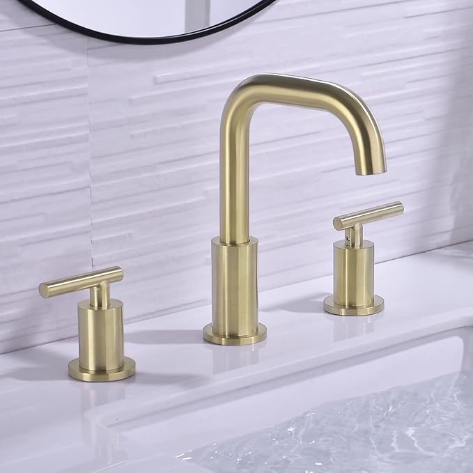 TRUSTMI Bathroom Faucet 2 Handle 8 Inch Brass Bathroom Sink Faucet 3 Hole Widespread with 360 Degree Swivel Spout, cUPC Water Supply Lines and Overflow Pop Up Drain Included, Brushed Gold