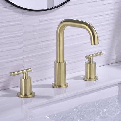 TRUSTMI Bathroom Faucet 2 Handle 8 Inch Brass Bathroom Sink Faucet 3 Hole Widespread with 360 Degree Swivel Spout, cUPC Water Supply Lines and Overflow Pop Up Drain Included, Brushed Gold