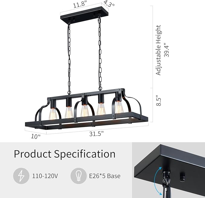WUZUPS 5-Light Metal Chandelier Linear Pendant Ceiling Lighting Rustic Farmhouse Fixture Kitchen Island Dining Room, H 8.5" L 31.5" W10, E26 Base, Black