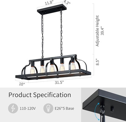 WUZUPS 5-Light Metal Chandelier Linear Pendant Ceiling Lighting Rustic Farmhouse Fixture Kitchen Island Dining Room, H 8.5" L 31.5" W10, E26 Base, Black