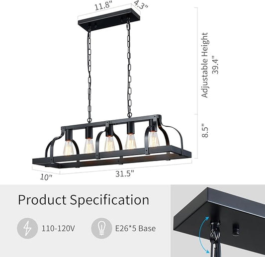 WUZUPS 5-Light Metal Chandelier Linear Pendant Ceiling Lighting Rustic Farmhouse Fixture Kitchen Island Dining Room, H 8.5" L 31.5" W10, E26 Base, Black