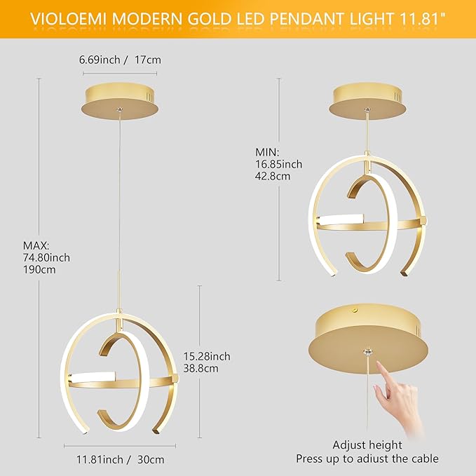 Modern Gold LED Chandelier, Globe 4000K Pendant Light Fixture, Round Adjustable Height Dining Room Hanging Light for Kitchen Island Bedroom Hallway Foyer(11.81 Inch)