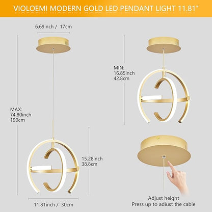 Modern Gold LED Chandelier, Globe 4000K Pendant Light Fixture, Round Adjustable Height Dining Room Hanging Light for Kitchen Island Bedroom Hallway Foyer(11.81 Inch)