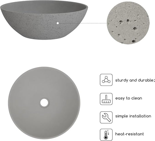Design Vessel Sink Concrete Bathroom Sink above Counter Small Vessel Sink Bathroom Sink Bowl Countertop Modern Sinks with Faucet and Drain Combo 15.7" Round Gray
