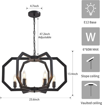 Lanhall 6 Light Farmhouse Chandelier Black Dining Room Light Fixture Modern Rustic Geometric Hanging Pendant Light for Living Room, kitchen Island, Foyer, Entryway, Hallway, Stairway Adjustable Height