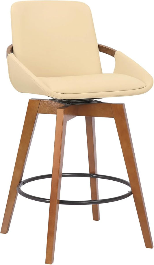 Armen Living Baylor Mid Century Modern Swivel Bar Stool for Kitchen Island Counter in Cream Faux Leather and Walnut Wood, 26" Seat Height
