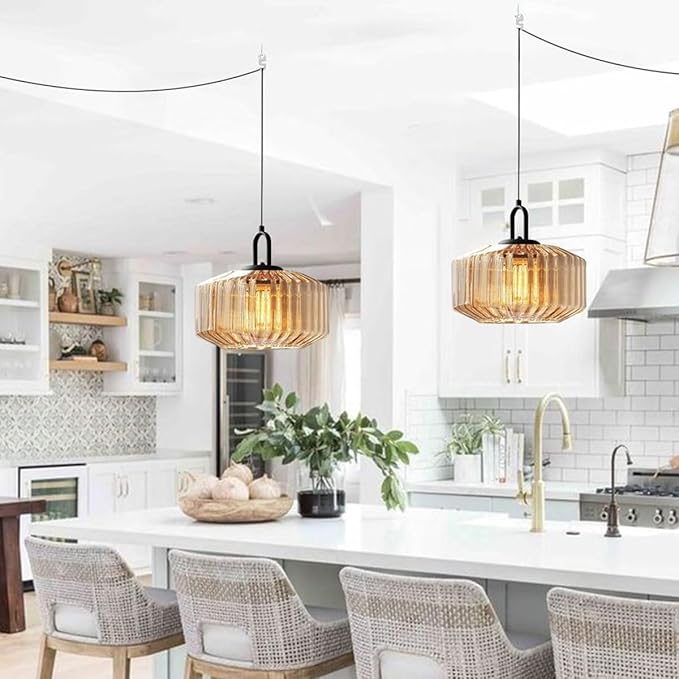 Amber Plug in Pendant Light, Hanging Lamps for Living Room Plug in Glass Globe Pendant Light, Modern Plug in Cord Pendant Hanging Light with 14.7 ft Cord On/Off Switch Striped Glass Shade