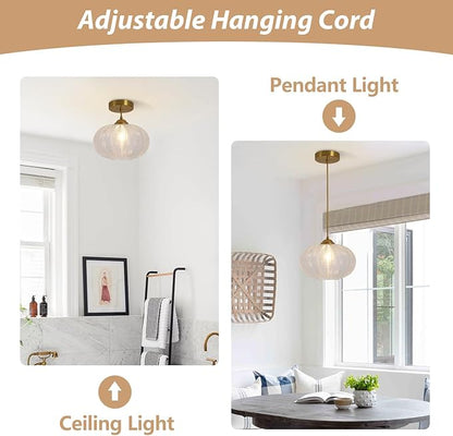 KCO Lighting Clear Ribbed Glass Pendant Light Vintage Brass Gold Pendant Lighting Large Globe Pendant Lights Kitchen Island Mid Century Modern Hanging Light for Living Room