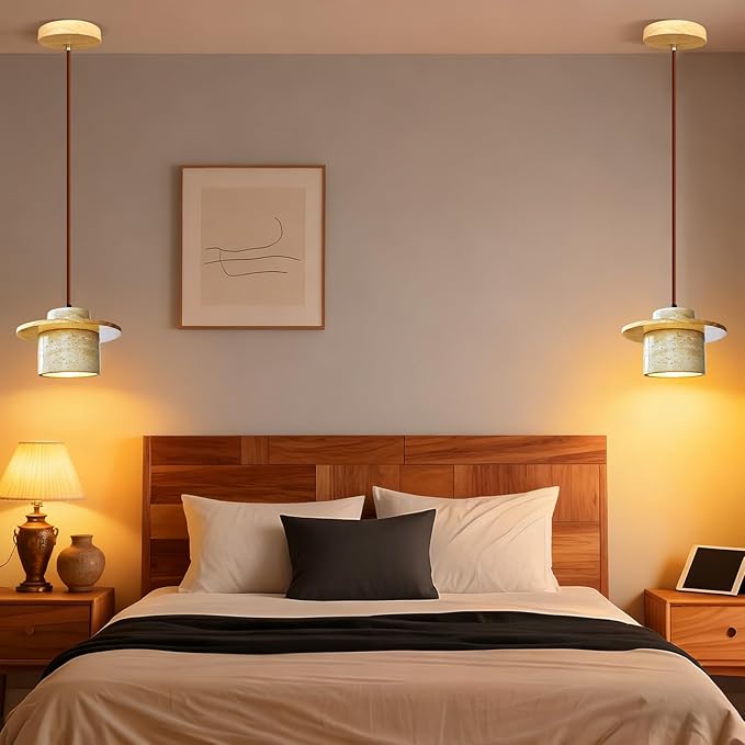 Japanese Wabi sabi Pendant Light with Natural Stone Shade, Dimmable Modern Wood Hanging Lamp Fixture, Adjustable Height Pendant Lamp for Bedroom, Kitchen Island, Dining Room, Restaurant, Cafe, Bar (B)
