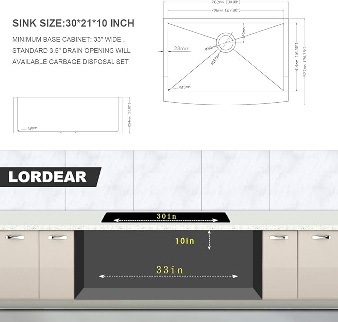 Lordear 30 Inch Farmhouse Kitchen Sink 16 Gauge 30"x21"x10" Stainless Steel Single Bowl Apron Front Undermount Farm Sink