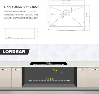 Lordear 30 Inch Farmhouse Kitchen Sink 16 Gauge 30"x21"x10" Stainless Steel Single Bowl Apron Front Undermount Farm Sink