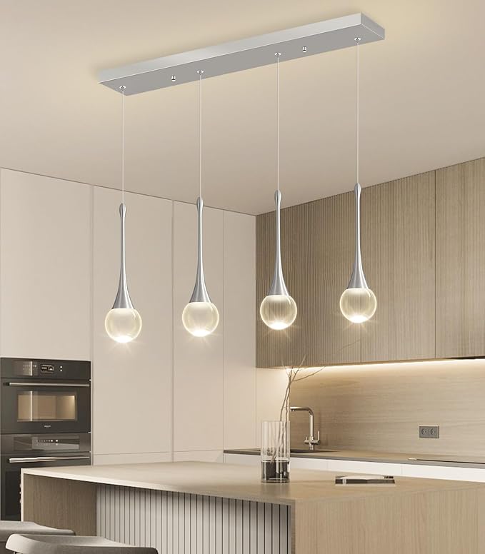 Rectangular Crystal Pendant Light for Kitchen Island 4 Light Dimmable Crystal Chandelier Lighting Fixtures with Remote for Dining Room Living Room Silver