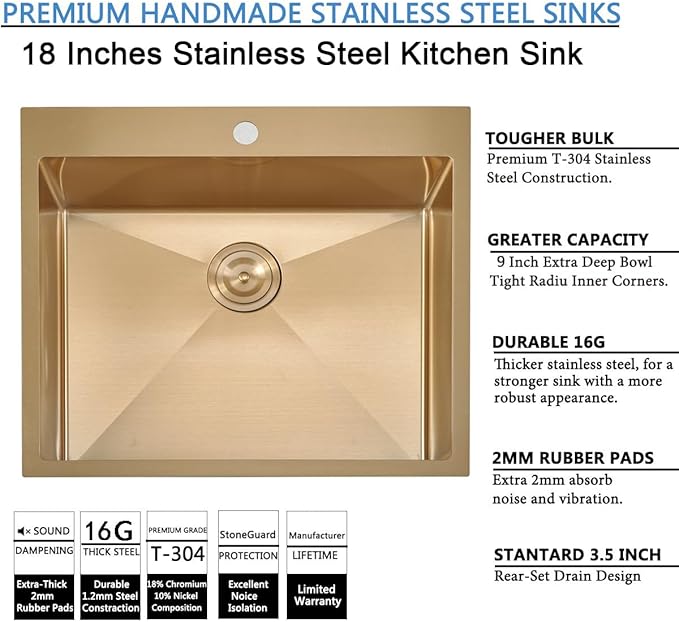 SHACO 18x18 Inch Gold Bar Sink, 18 Inch Drop In Gold Small Kitchen RV Laundry Utility Sink, Top Mount 16 Gauge Stainless Steel Single Bowl
