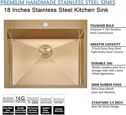 SHACO 18x18 Inch Gold Bar Sink, 18 Inch Drop In Gold Small Kitchen RV Laundry Utility Sink, Top Mount 16 Gauge Stainless Steel Single Bowl