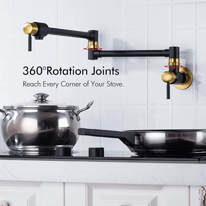 BAGNOLUX Pot Filler Faucet Over Stove, Traditional Pot Filler Wall Mount Commercial Solid Brass Kitchen Faucet, Pot Filler Folding Faucet with Double Joint Swing Arm 23.4 inch, Black and Gold
