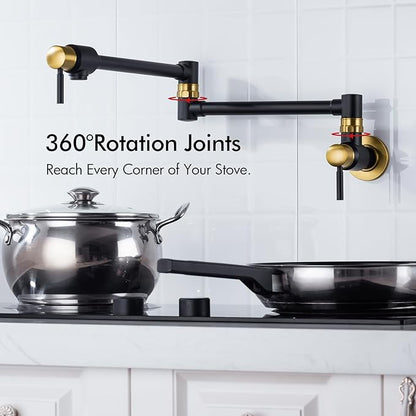 BAGNOLUX Pot Filler Faucet Over Stove, Traditional Pot Filler Wall Mount Commercial Solid Brass Kitchen Faucet, Pot Filler Folding Faucet with Double Joint Swing Arm 23.4 inch, Black and Gold