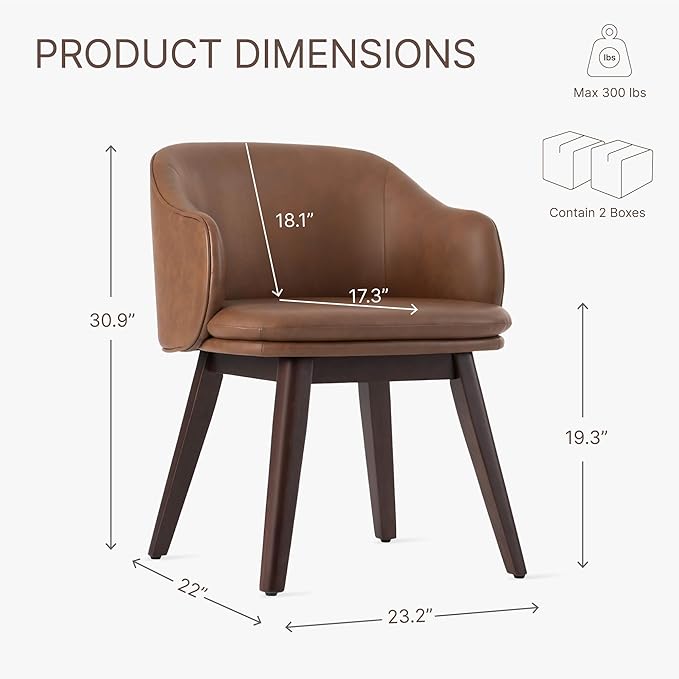 KISLOT Wooden Dining Chairs Set of 4, Faux Leather Upholstered Modern Dining Room Chairs with Barrel Backrest & Double-Layer Thick Cushion for Living Room, Restaurant, Kitchen and Café, Brown, 2 Boxs