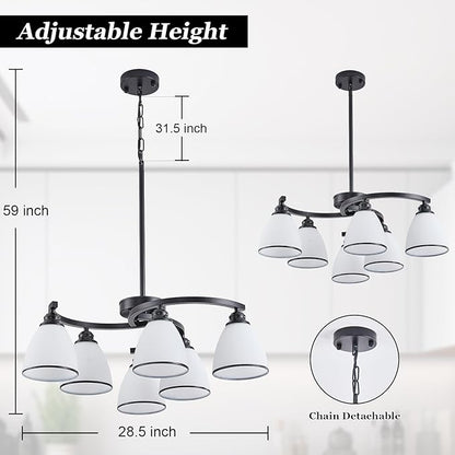 6-Light Modern Chandelier Light Fixture for Dinner Room, Matte Black Hanging Lamp with Frosted Milk White Glass Lampshade, Adjustable Height Pendant Ceiling Light for Island Entryway Office Bedroom