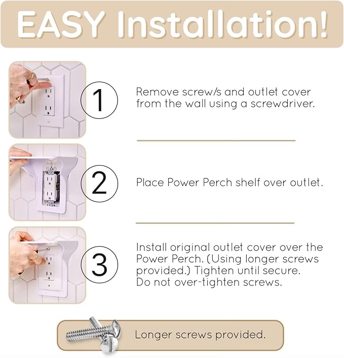 Power Perch Double Wall Outlet Shelf with Cord Storage Strap - Declutter & Reclaim Bedroom Counter Space - Echo Dot Stand, Apple Homepod Shelf, Toothbrush Holder for Bathroom - White, 1-Pack