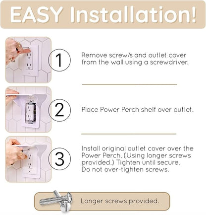 Power Perch Double Wall Outlet Shelf with Cord Storage Strap - Declutter & Reclaim Bedroom Counter Space - Echo Dot Stand, Apple Homepod Shelf, Toothbrush Holder for Bathroom - White, 1-Pack