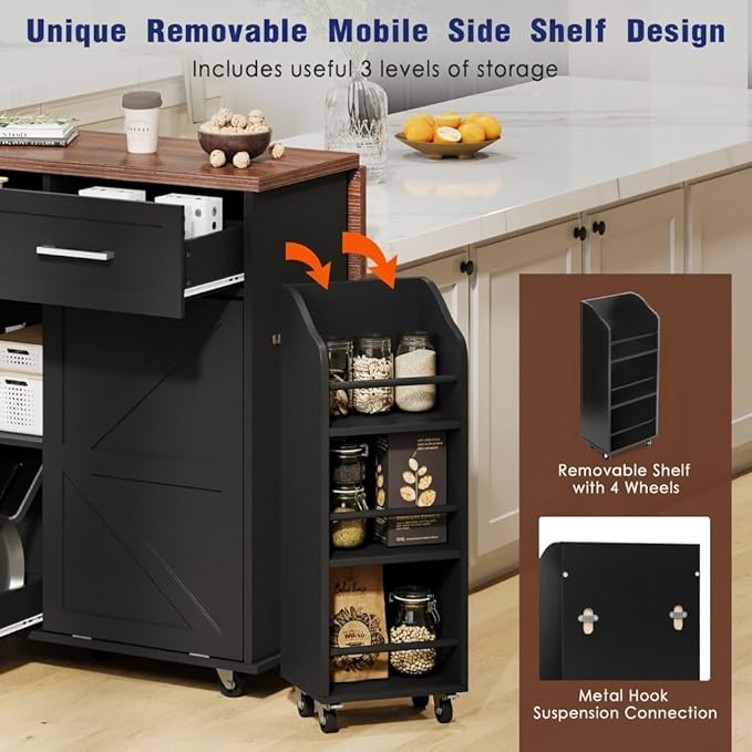 47.2" Kitchen Island with Drop Leaf, Portable Kitchen Cart with Trash Storage Cabinet & Removable Side Racks, 2 Drawers, Rolling Island Table on Wheels with Towel Rack, Black