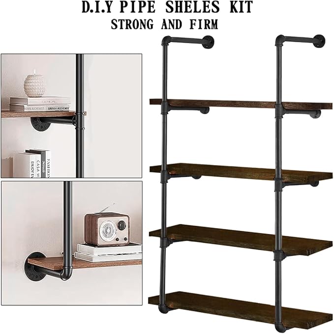 HITOMEN Industrial Iron Pipe Shelves, 2 Set 5-Tier, 55" Tall, 12" Depth, DIY Open Bookshelf Bookcase, Wall Mounted Vintage Retro Shelving, Rustic Farmhouse Pantry Kitchen Storage, Black Shelf Brackets