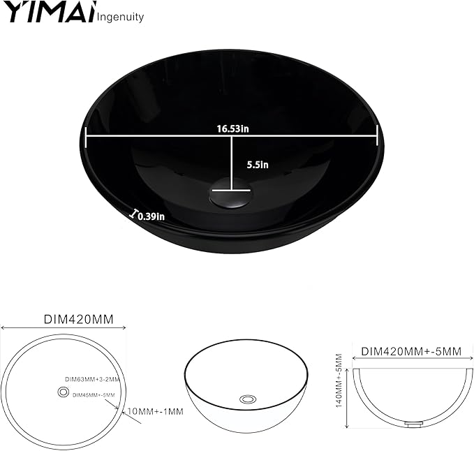 YIMAI Black Glass Vessel Sink 16.5" x 16.5" x 5.5" – Tempered Glass Above Counter Round Bathroom Sink Bowl Countertop Modern Sinks with Faucet and Drain Combo, Easy Install for Master or Powder Room