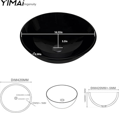 YIMAI Black Glass Vessel Sink 16.5" x 16.5" x 5.5" – Tempered Glass Above Counter Round Bathroom Sink Bowl Countertop Modern Sinks with Faucet and Drain Combo, Easy Install for Master or Powder Room