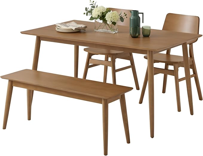 Alaterre Furniture Calais Dining – 4 Piece Dining Table Set for 4 with Chairs and Bench – Mid Century Modern 59-Inch Solid Wood Kitchen & Dining Room Table with Bench, and 2 Chairs (Pecan Finish)