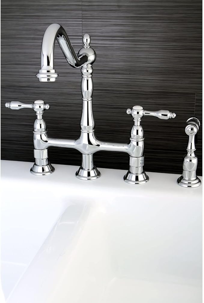Kingston Brass KS1272TALBS Two-Handle 4-Hole Deck Mount Bridge Kitchen Faucet with Brass Sprayer in Polished Brass