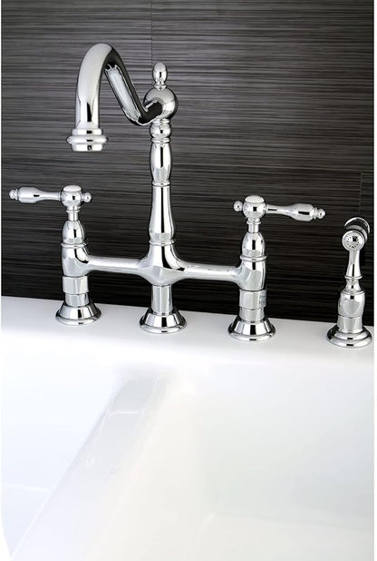 Kingston Brass KS1272TALBS Two-Handle 4-Hole Deck Mount Bridge Kitchen Faucet with Brass Sprayer in Polished Brass