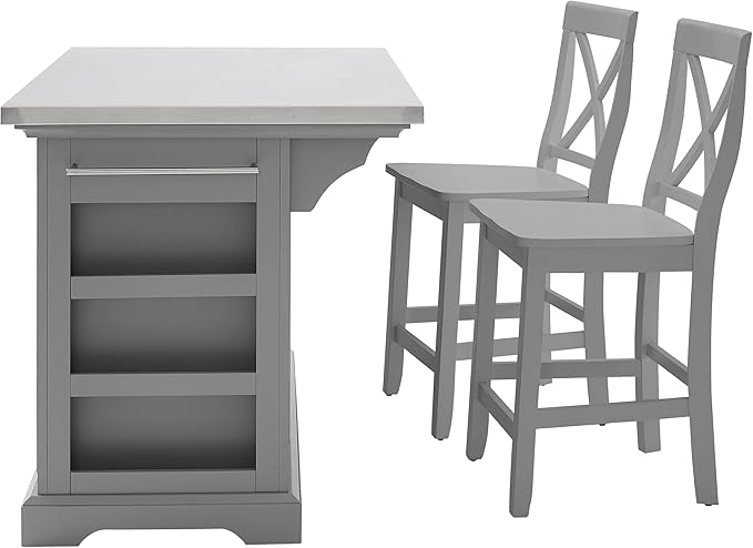 Crosley Furniture Julia Stainless Steel Top Island with Storage, Coffee Bar, and a Set of 2 X-Back Stools, Gray