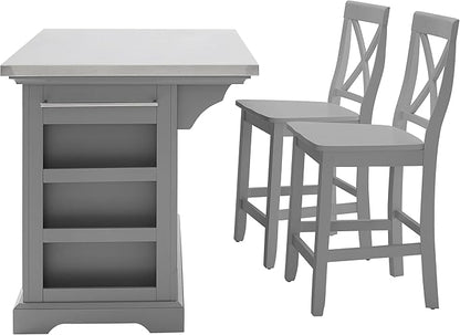 Crosley Furniture Julia Stainless Steel Top Island with Storage, Coffee Bar, and a Set of 2 X-Back Stools, Gray