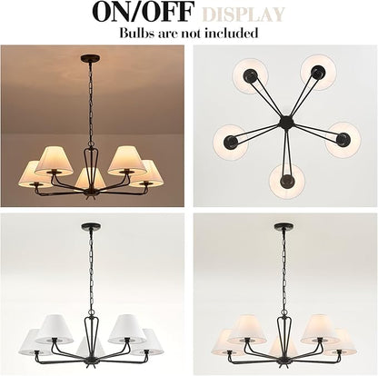VILUXY Black Farmhouse Chandelier 5-Light Modern Chandelier with White Fabric Shade 35’’ Large Dining Room Light Fixture Adjustable Pendant Lighting for Kitchen Island Living Room, UL Listed