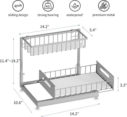 Saydear Under Sink Organizer Storage 2-Tier Premium Metal Pull-Out Kitchen Cabinet Organizer with Sliding Drawer, Height Adjustable, Heavy Duty for Kitchen & Bathroom Organizers 2 Pack Grey