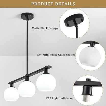 Kitchen Island Lighting 3 Lights Linear Pendant Light Fixtures With Milk Glass Shades Black Farmhouse Chandeliers for Dining Room Chandelier Over Table Mid Century Modern Hanging Light Fixture for Bar