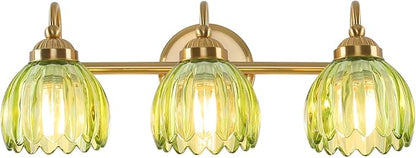 Vintage Bathroom Light Fixtures, Brass Vanity Lights with Green Tulip Glass Shade, Vanity Sconces for Bathroom Bedroom Living Room Hallway, 3-Light