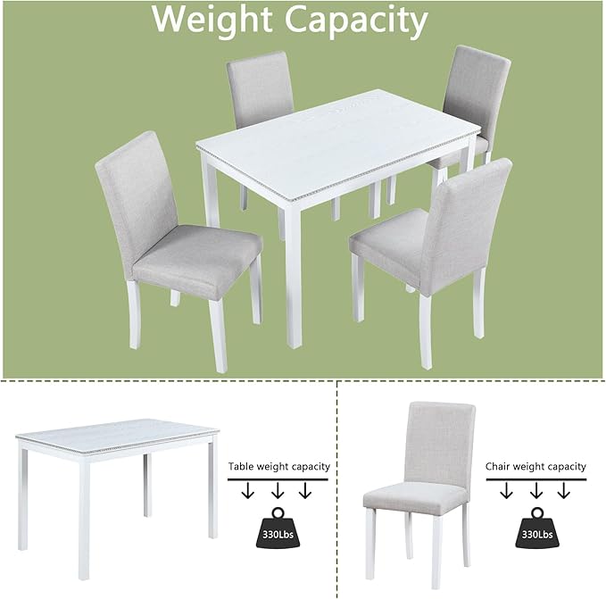 5 Piece Dining Table Set for 4, Rectangular Wooden Kitchen Table with 4 Upholstered Chairs, Elegant White Dining Room Set with Crystal Decoration