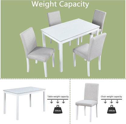 5 Piece Dining Table Set for 4, Rectangular Wooden Kitchen Table with 4 Upholstered Chairs, Elegant White Dining Room Set with Crystal Decoration