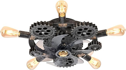 20" Retro Industrial Steampunk Ceiling Fans with Lights and Remote,Low Profile Flush Mount Bladeless Ceiling Fan with Light,Nautical Style 6 Speeds for Bedroom Kitchen Island Bar Cafe