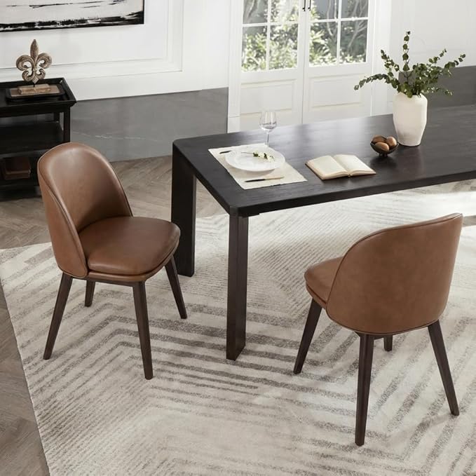 KISLOT Wooden Dining Chairs Set of 4, Faux Leather Upholstered Modern Dining Room Chairs with Double-Layer Thick Seat Cushion & Ergonomic Backrest for Restaurant, Kitchen and Café, Brown, 2 Boxs