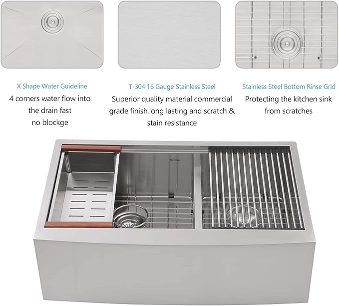33 Farmhouse Sink Double Bowl - Lordear 33x22 Stainless Steel Kitchen Sinks Apron Front Double Basin 60/40 Low Divide Workstation Farm Sinks with Buit in Accessories, 9" Apron Height