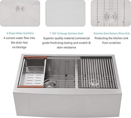 33 Farmhouse Sink Double Bowl - Lordear 33x22 Stainless Steel Kitchen Sinks Apron Front Double Basin 60/40 Low Divide Workstation Farm Sinks with Buit in Accessories, 9" Apron Height
