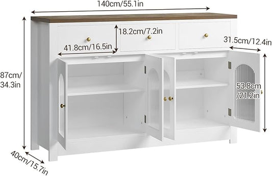 Garvee 55" Buffet Cabinet with Storage, Modern Sideboard with Arched Acrylic Fluted Doors & 3 Drawers, Coffee Bar Cabinet with Adjustable Shelves for Dining Room, Living Room, Kitchen, White