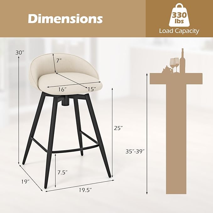 Giantex Swivel Bar Stools Set of 2, 25" Counter Height Bar Chairs with Footrest, Low Backs & Metal Frame, Upholstered Line Fabric Barstools for Kitchen Island, Cafe & Pub, Beige